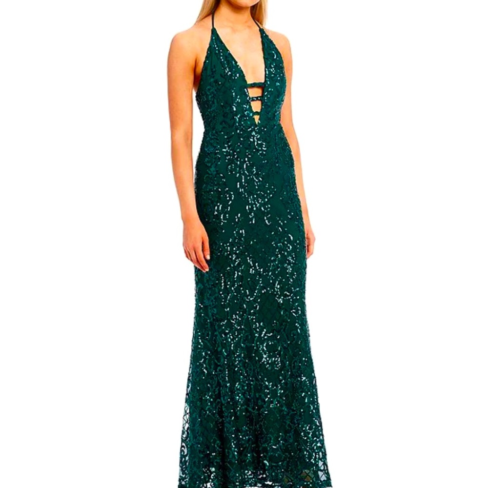 Emerald Green Sequin Evening Gown / Prom Dress